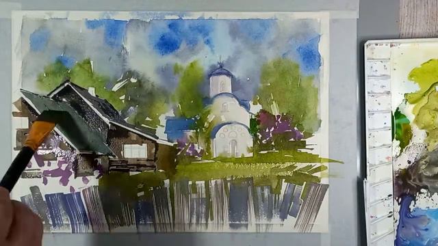 Волотово поле, лето, акварель смотреть онлайн