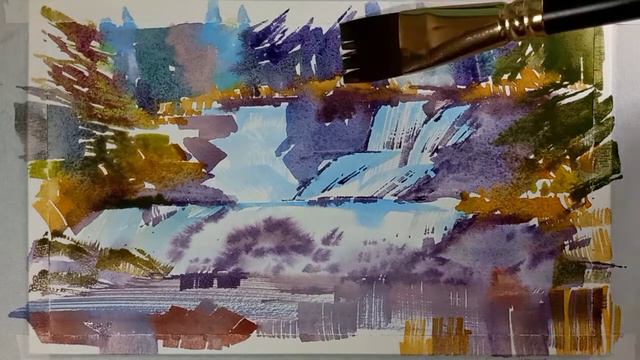 Водопад на лесном ручье, рисуем акварелью, быстро и просто смотреть онлайн