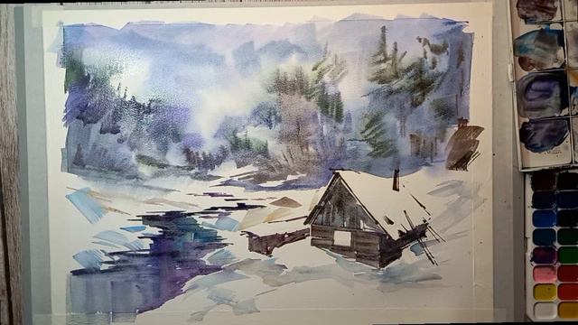 Рисуем зимний этюд детской акварелью. Мастер-класс смотреть онлайн