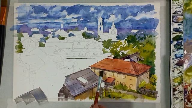 Валдай, вид на город, акварель смотреть онлайн