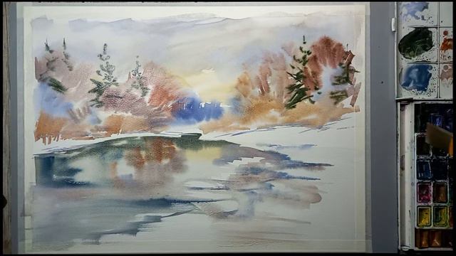 Зимний пейзаж акварелью по-сырому. Мастер-класс для начинающих смотреть онлайн