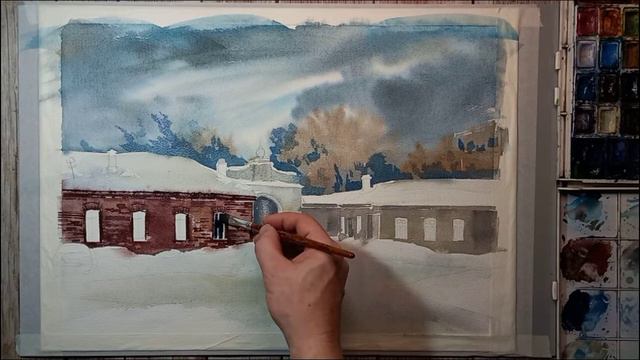 Юрьев Монастырь, Великий Новгород. После снегопада. Рисуем акварелью смотреть онлайн