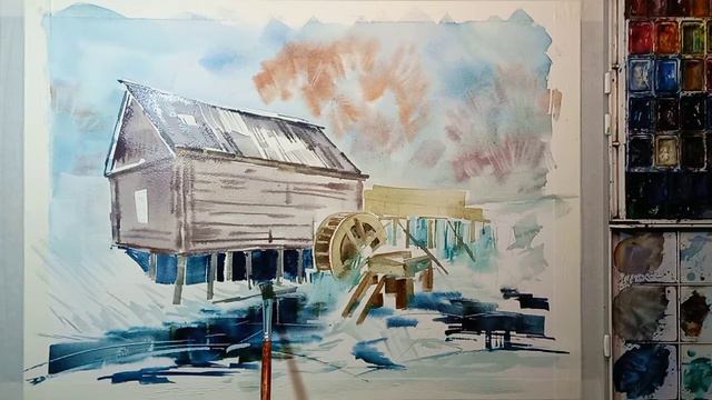 Рисуем старую водяную мельницу акварелью смотреть онлайн