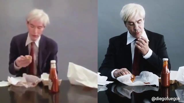 TILL LINDEMANN AND ANDY WARHOL EATING A HAMBURGER