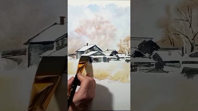 Рисуем зимнюю деревеньку акварелью смотреть онлайн
