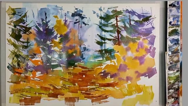 Watercolor painting. Прогулка по осеннему лесу, акварель. Метод работы от пятна. смотреть онлайн