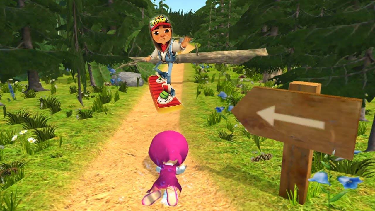 Маша из мультика МАША И МЕДВЕДЬ бежит против ДЖЕЙКА из игры SUBWAY SURFERS! КТО КРУЧЕ?