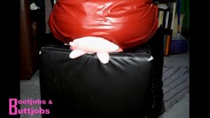 Sitting punishment on little piggy in red latex skirt & leather riding boots, face sitting