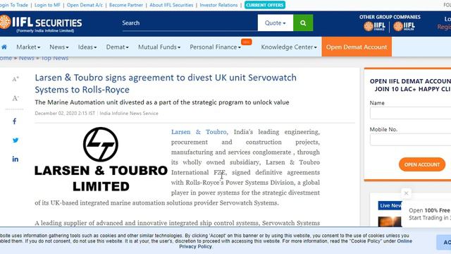 Larsen & Toubro signs agreement to divest UK unit Servowatch Systems to Rolls-Royce. Watch now. смотреть онлайн