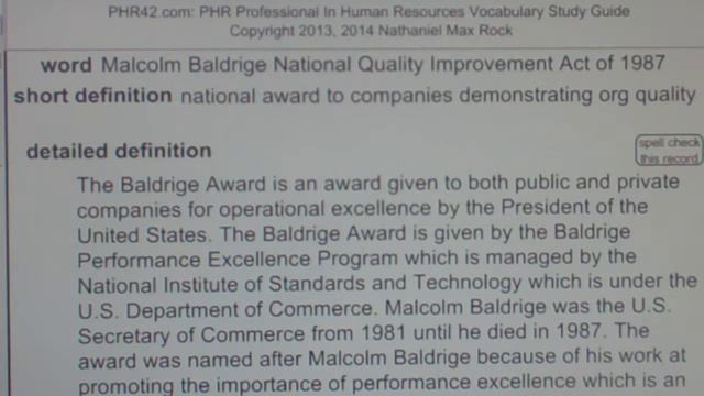 Malcolm Baldrige National Quality Improvement Act Of 1987 PHR SPHR HR License Exam PHRPass.com