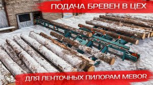 Подача бревен в цех для ленточных пилорам Mebor