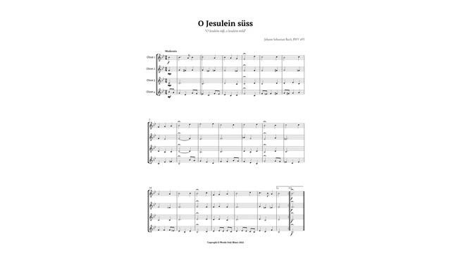 O Jesulein Süss, O Jesulein Mild By Bach For Easy Oboe Quartet Sheet Music