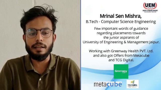 Mrinal Sen Mishra | UEM JAIPUR | Placed in #Metacube & #TCGDigital | Students Speak смотреть онлайн
