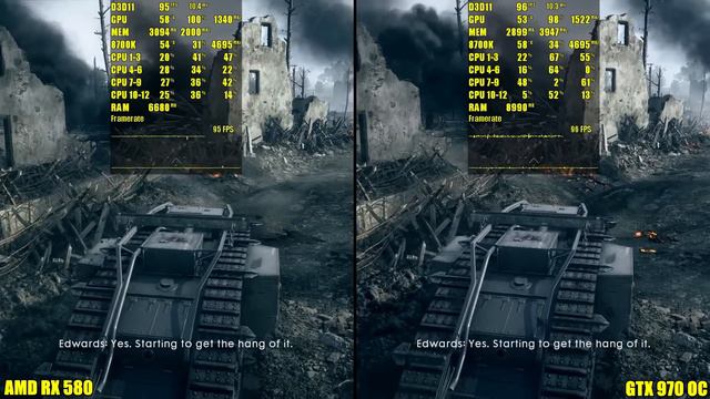 Battlefield 1 GTX 970 Overclocked Vs AMD RX 580 Frame Rate Comparison смотреть онлайн