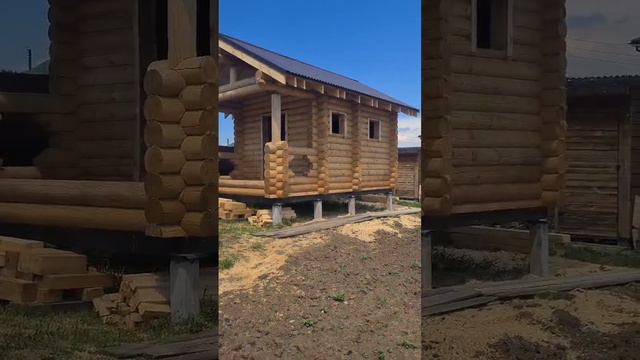 Симпатичная баня из оцилиндрованного бревна 4 на 4 +1.5м веранда смотреть онлайн