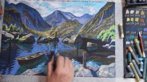 Озеро с лодкой в технике масляной пастели