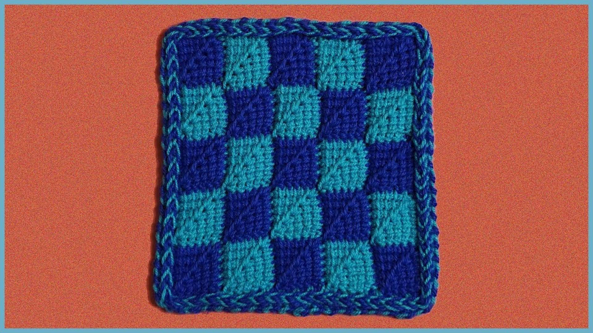 Плед квадратами с обвязкой тунисским крючком. Узор для пледа. Плед крючком.