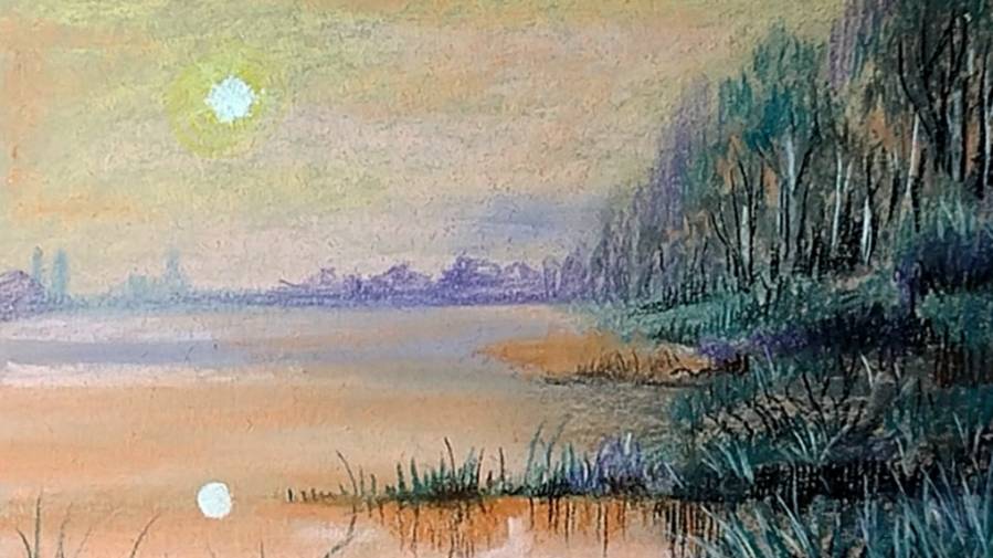 Как просто и красиво нарисовать пейзаж с озером сухой пастелью. смотреть онлайн