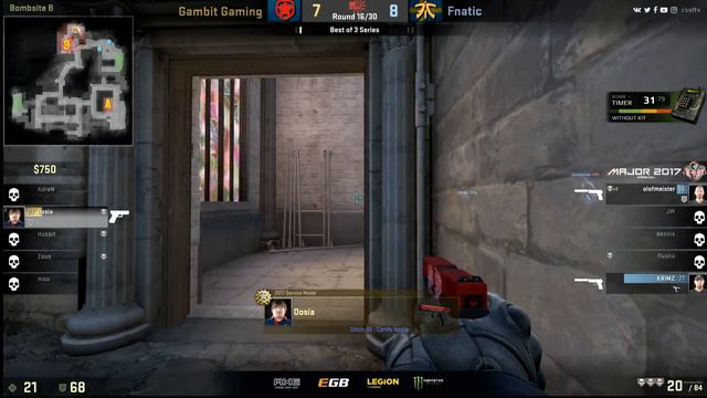 Gambit vs fnatic, map 2 inferno, PGL Major Kraków 2017 смотреть онлайн