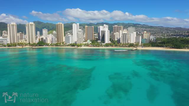 FLYING OVER OAHU [4K] Hawaii Ambient Aerial Film + Music For Stress Relief - Honolulu To North Shore
