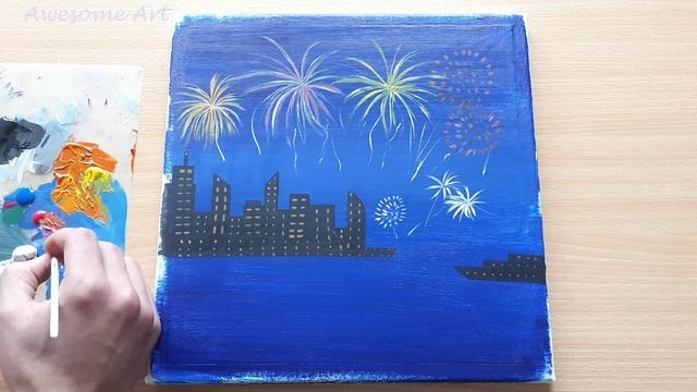 Acrylic Painting | How to Paint Fireworks Scenery for New Year's Eve! 2021 | EASY & Simple 🎆 смотреть онлайн