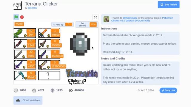 Playing Terraria Clicker on Scratch. смотреть онлайн