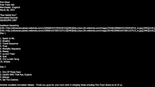 PINK FLOYD RUN RABBIT RUN FREE TRADE HALL MANCHESTER, ENGLAND 03.30.1972