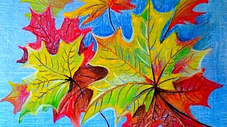 Простой и красивый рисунок кленовых листьев пастелью на тонированной бумаге. смотреть онлайн