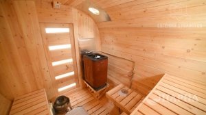 Обзор двухсекционной квадро бани-бочки «Садко» с душевым пристроем в комнате отдыха