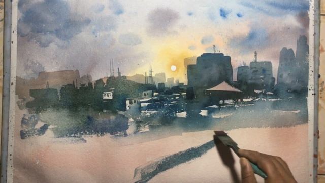 Watercolor Painting without drawing of a view from my window. смотреть онлайн