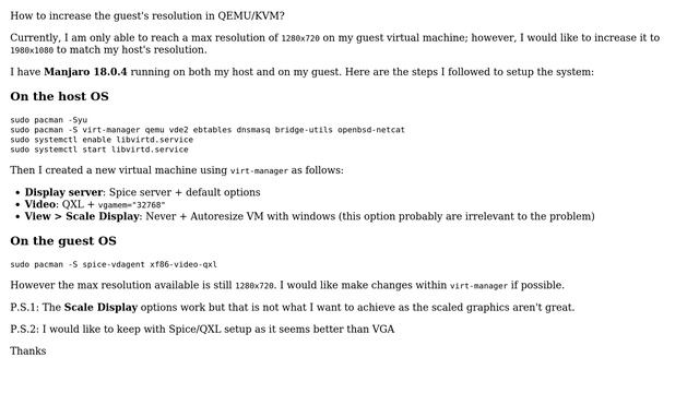 How to increase display resolution in QEMU/KVM via virt-manager on Manjaro (host/guest)? смотреть онлайн
