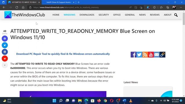 ATTEMPTED WRITE TO READ ONLY MEMORY Blue Screen on Windows 11/10 смотреть онлайн