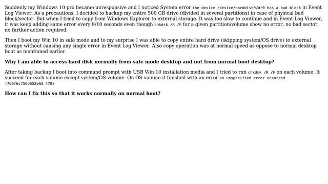 Windows 10 "the device /device/harddisk0/dr0 has a bad block" but WORKS in safe mode desktop смотреть онлайн