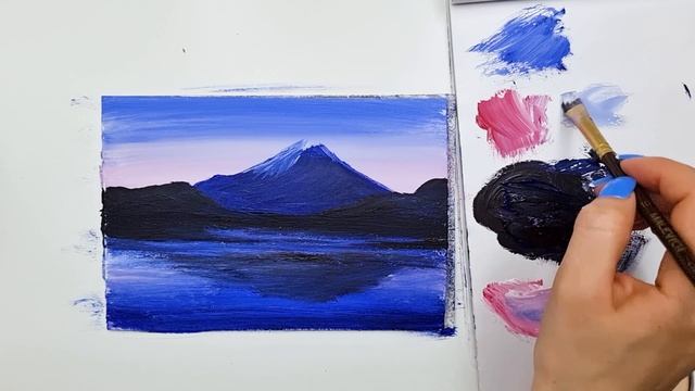 Горы ночью. Горный пейзаж гуашью