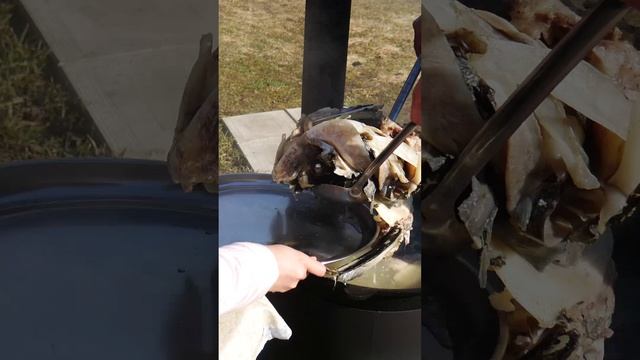Уха из крупной головы толстолобика в казане на костре. смотреть онлайн