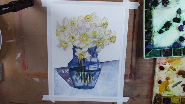 Watercolor Tutorial - Daffodils in a Cobalt Blue Glass Vase смотреть онлайн