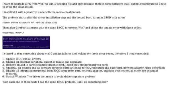 System thread exception not handled (ndis.sys) 0xc1900101 0x40017 upgrading to Win 10