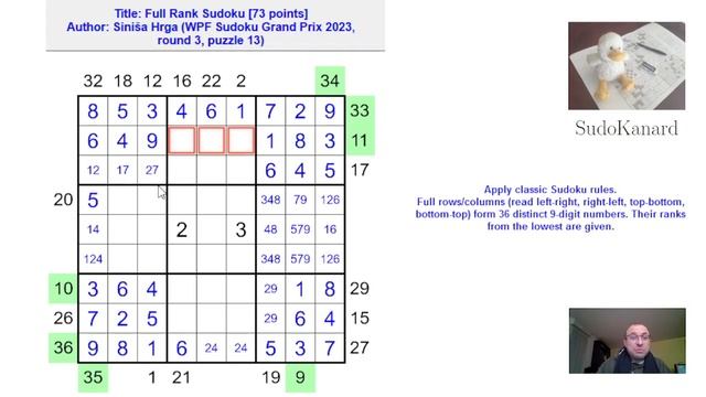 [Eng] Full Rank Sudoku, by Siniša Hrga (WPF Sudoku Grand Prix 2023, round 3, puzzle 13) смотреть онлайн