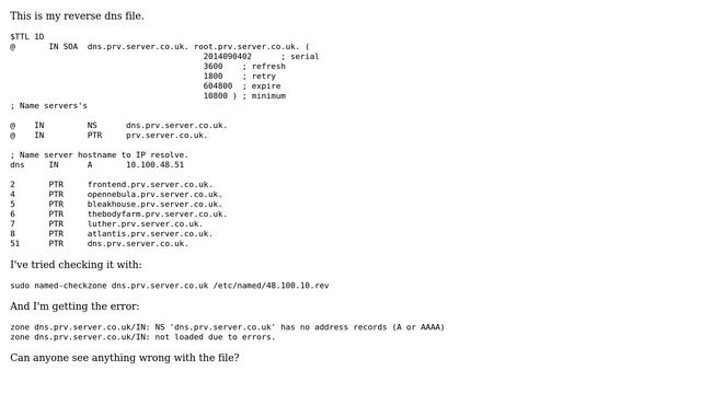 Reverse DNS/bind named-checkzone "zone NS has no address records (A or AAAA) error" смотреть онлайн