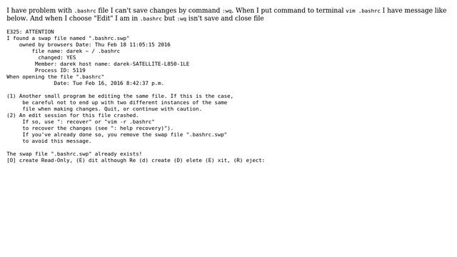 Can't save .bashrc file in VIM ("The swap file ".bashrc.swp" already exists!") смотреть онлайн