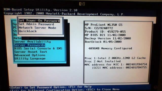 BIOS HP Proliant ML350 G5 смотреть онлайн