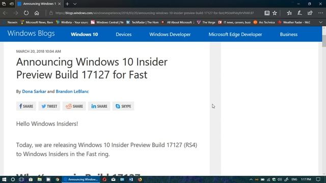 Windows 10 build 17127 released Fast Ring March 20th 2018 смотреть онлайн