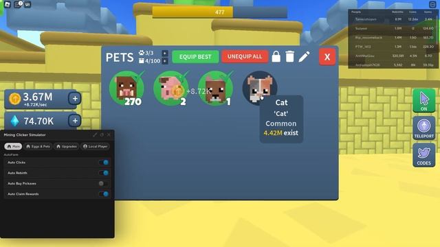 Mining Clicker Simulator script auto click, auto rebirth, auto upgrade *OP Platinium Hub GUI* смотреть онлайн