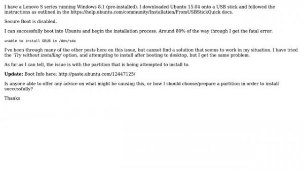 Ubuntu: Install fails - 'unable to install GRUB in /dev/sda' problem