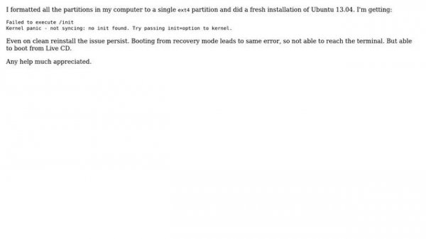 Kernel panic - not syncing: no init found. Try passing init=option to kernel
