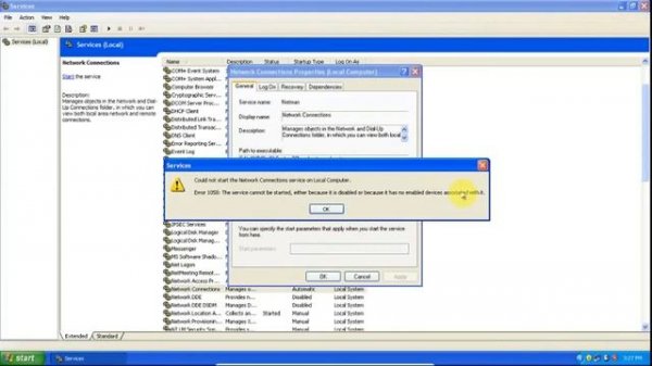 Windows XP: How fix error 1058 in services msc?