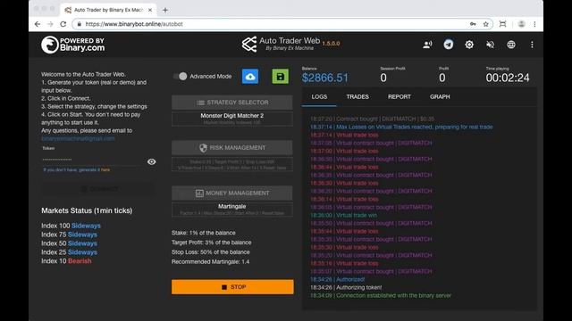 Auto Trading Web Bot for Binary.com | Virtual Loss Strategy | 100% FREE смотреть онлайн