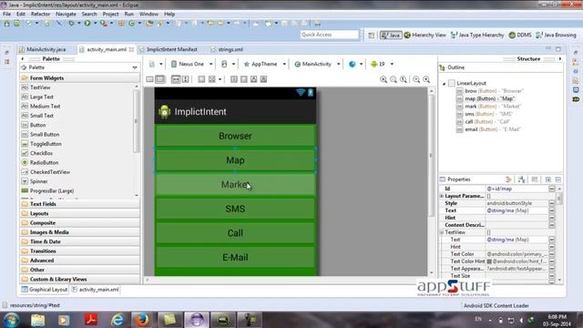 Android 0025 Implicit Intent Browser Map Market SMS смотреть онлайн