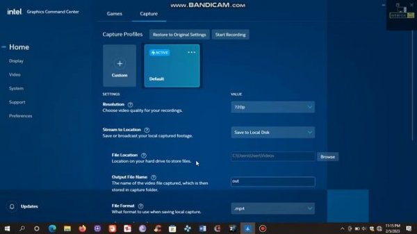 Screen recording with intel Graphics command center