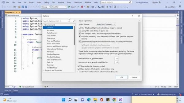 how to change the background color of microsoft visual studio | how to change theme in visual studi